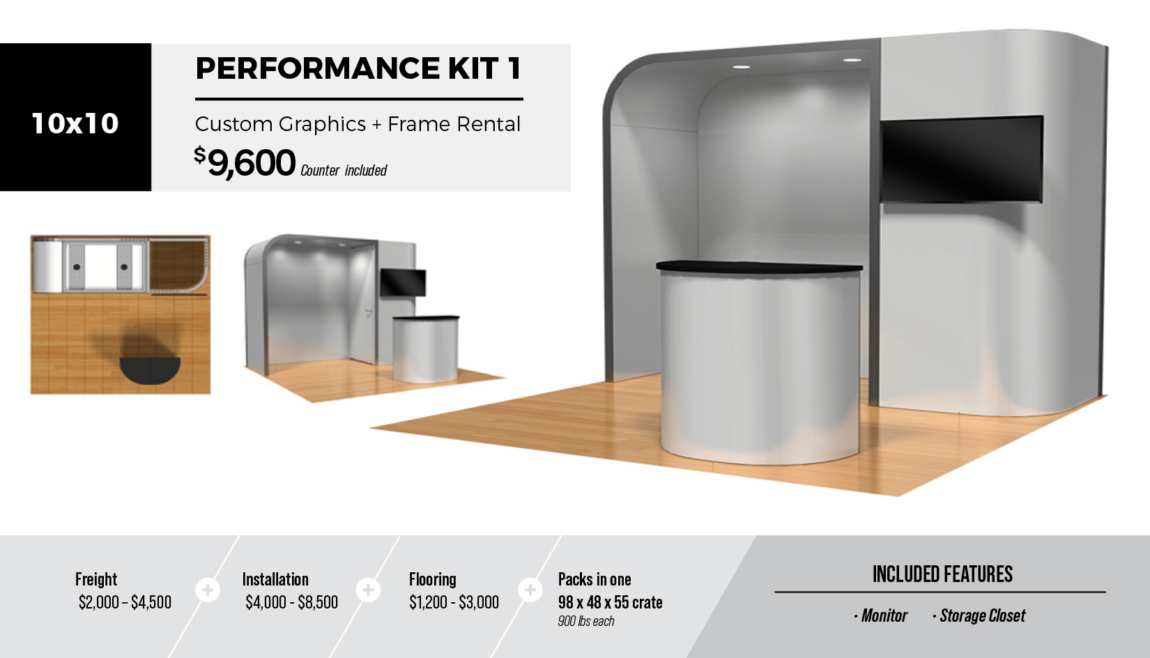 10x10 Performance Kit 1 Custom Exhibit Display Rental Package with monitor, storage room, canopy, accent lighting, custom graphics and welcome counter