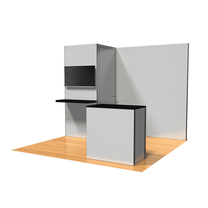 10x10 Performance Kit 3 featuring storage room, welcome counter, shelf, monitor, and custom graphics.