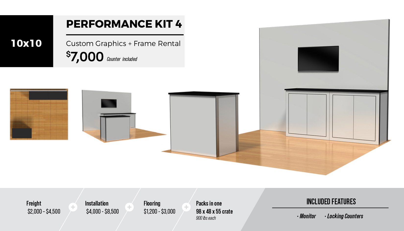 10x10 Performance Kit 3 Custom Exhibit Display Rental Package with shelf, monitor, storage room, custom graphics and welcome counter