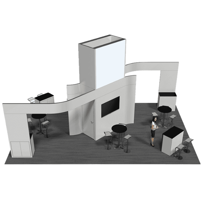 20x30 Performance Kit 5 featuring storage room, lightbox, demo stations, welcome center, two monitors, and custom graphics.