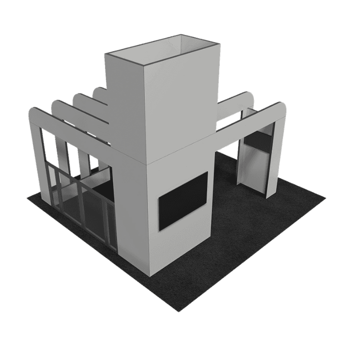 20x20 Performance Kit 9 featuring lmonitors, semi-private meeting room, storage room, and custom graphics.