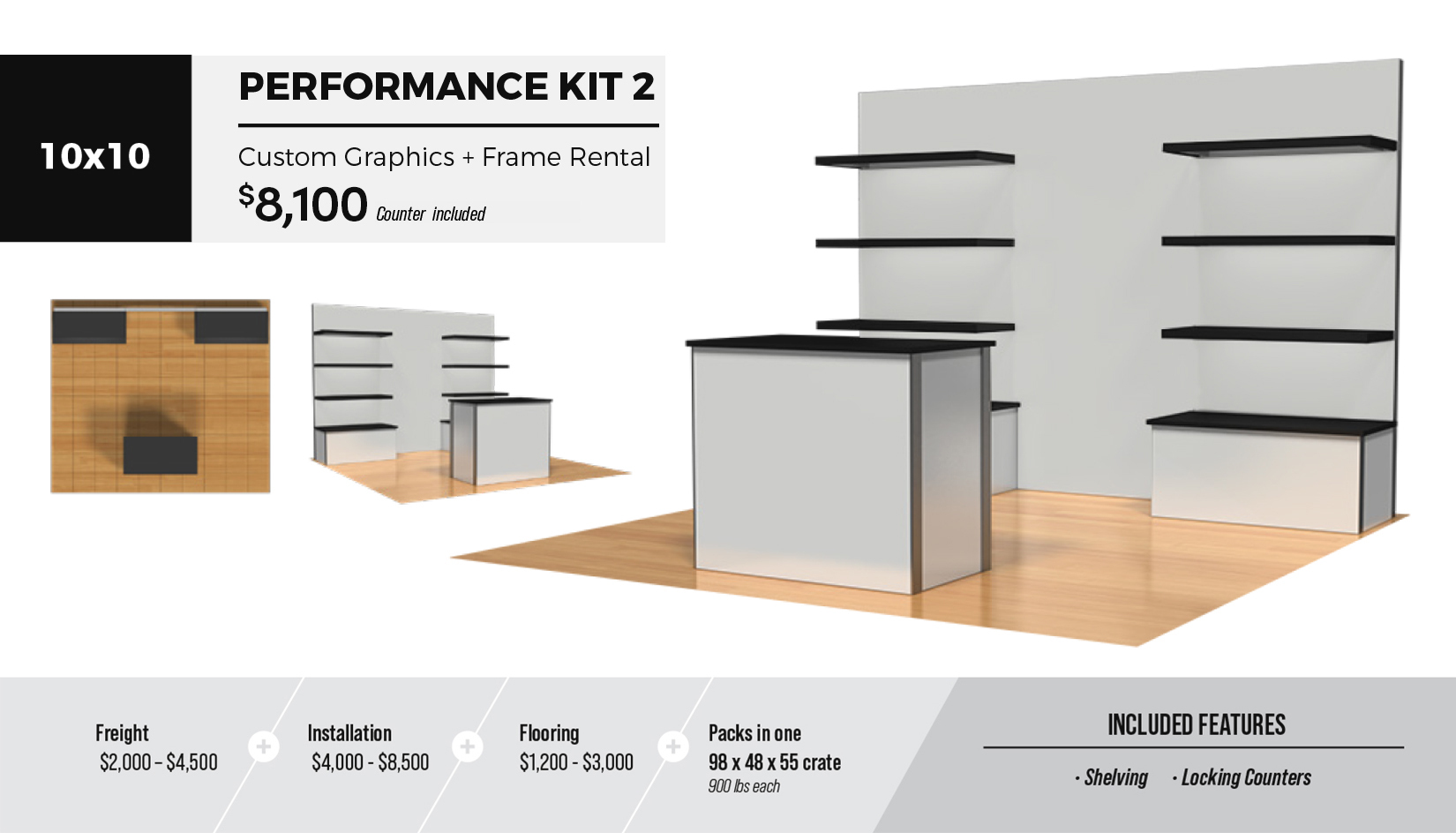 10x10 Performance Kit 2 Custom Exhibit Display Rental Package with shelving, custom graphics and welcome counter