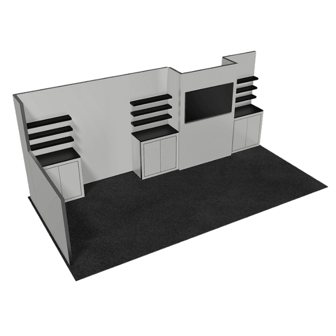 10x20 Performance Kit 8 with monitor, locking cabinets, shelving, and custom graphics.